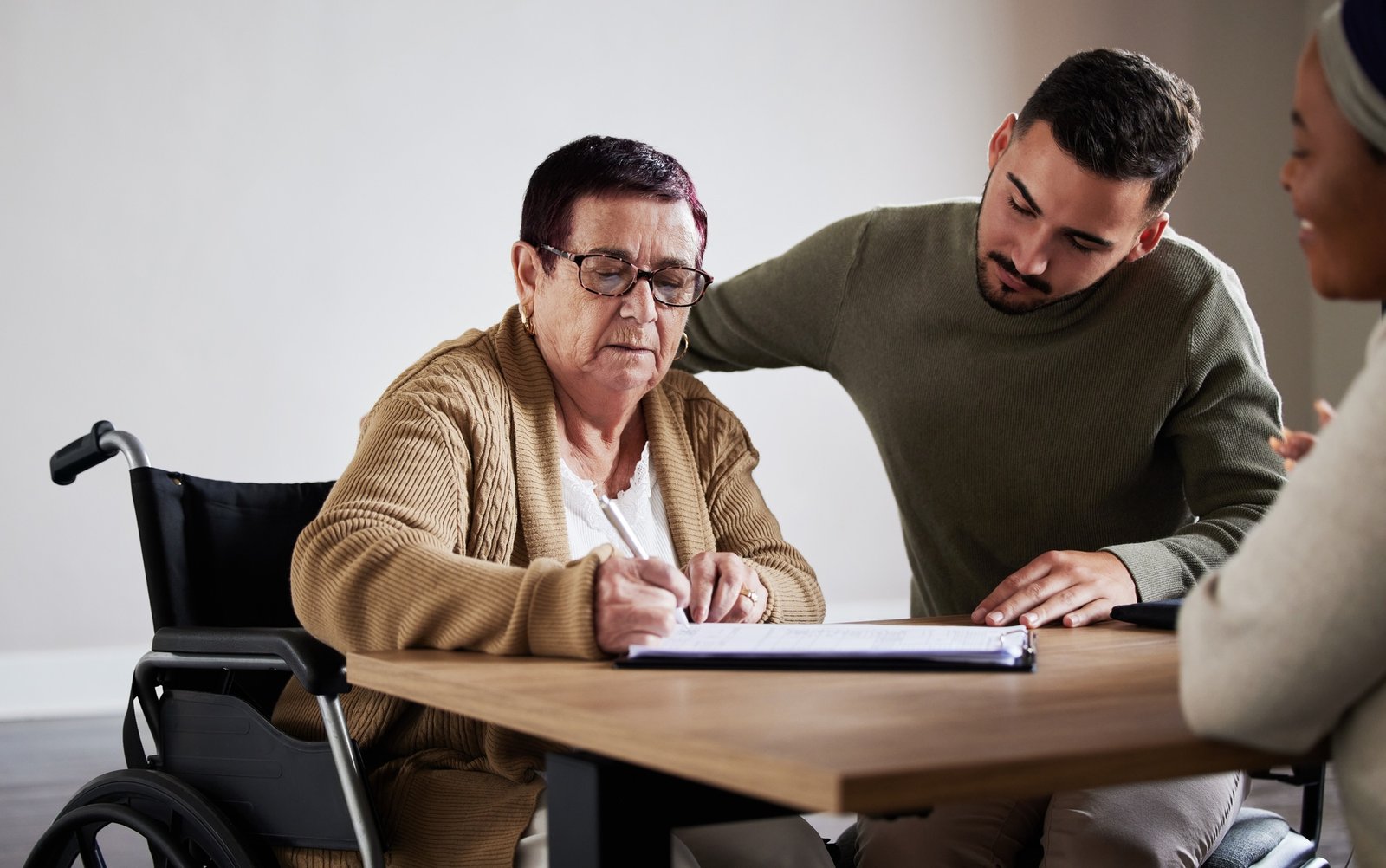 Legal, contract or senior woman signature for disability compensation, planning insurance or agreem